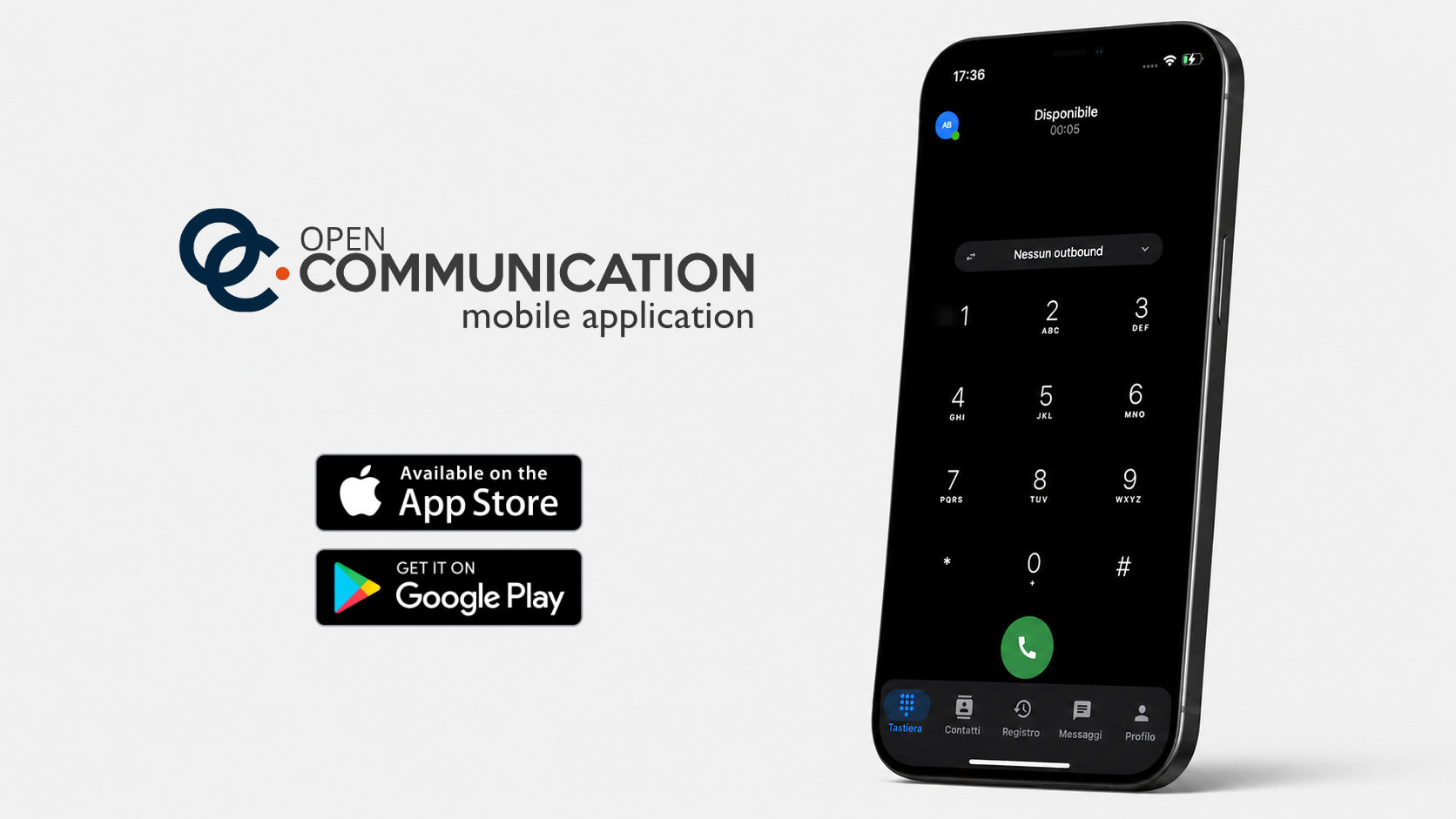 L'app mobile Open Communication su App Store e Google Play, con la tastiera per le chiamate e lo stato di presenza