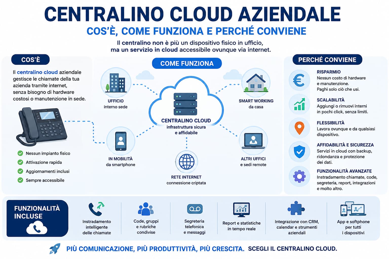 Infografica sul centralino cloud aziendale: che cos'è, come collega sedi, smart working e mobilità, e perché conviene su costi e scalabilità