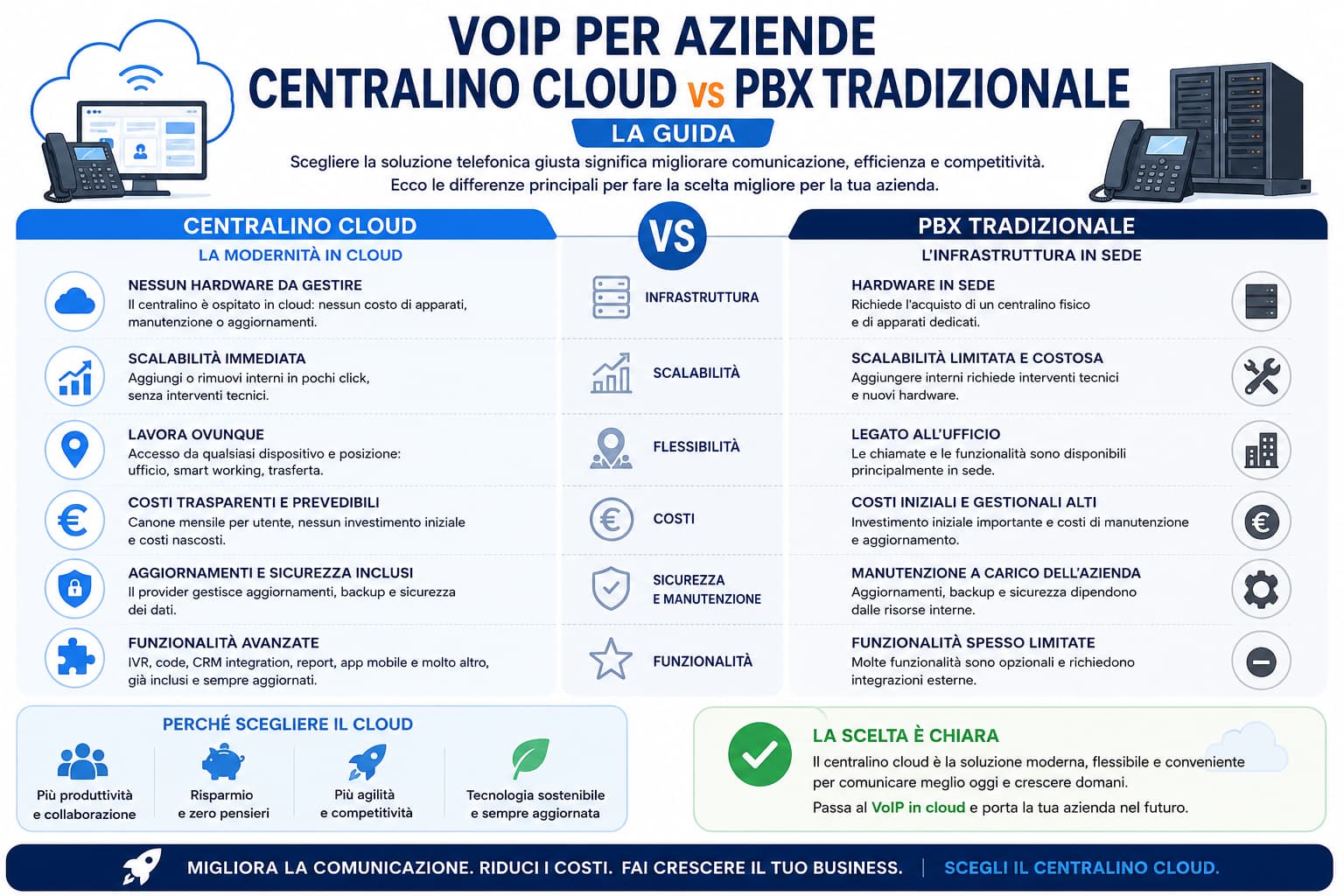 Infografica di confronto tra centralino cloud e PBX tradizionale su infrastruttura, scalabilità, flessibilità, costi, manutenzione e funzionalità